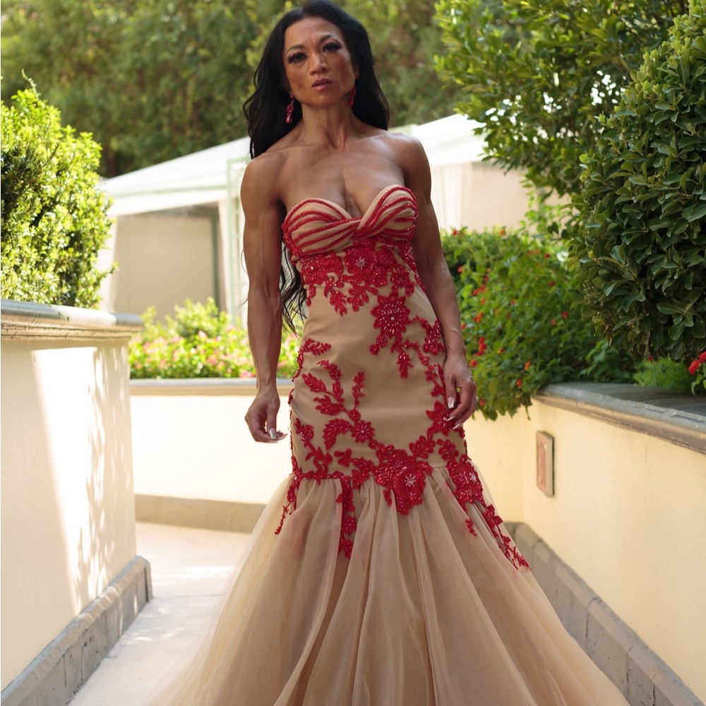 Elegant Red and Cream Evening Gown